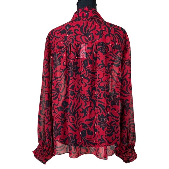 Chico's NWT Red Chiffon Ruffle Neck Shimmer V-Neck Long Sleeve Blouse Size 16 - Picture 3 of 11